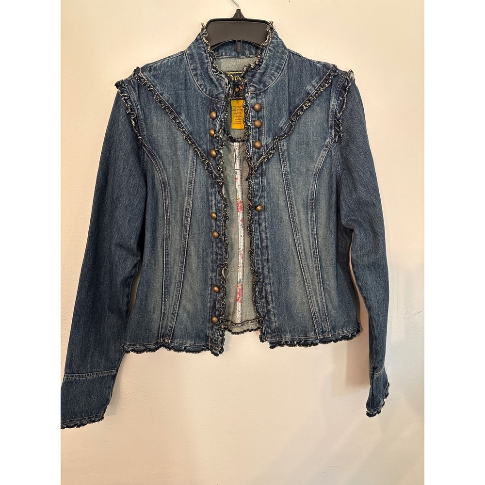G Star Jeans Denim Jacket Womens Large Blue Excellent Ruffle Military Boho